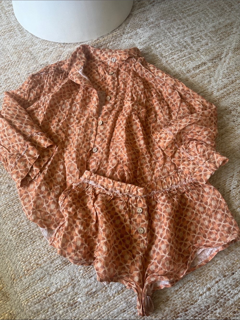Free People Peach/Coral Printed Button-Up Top & Shorts Set linen & cotton